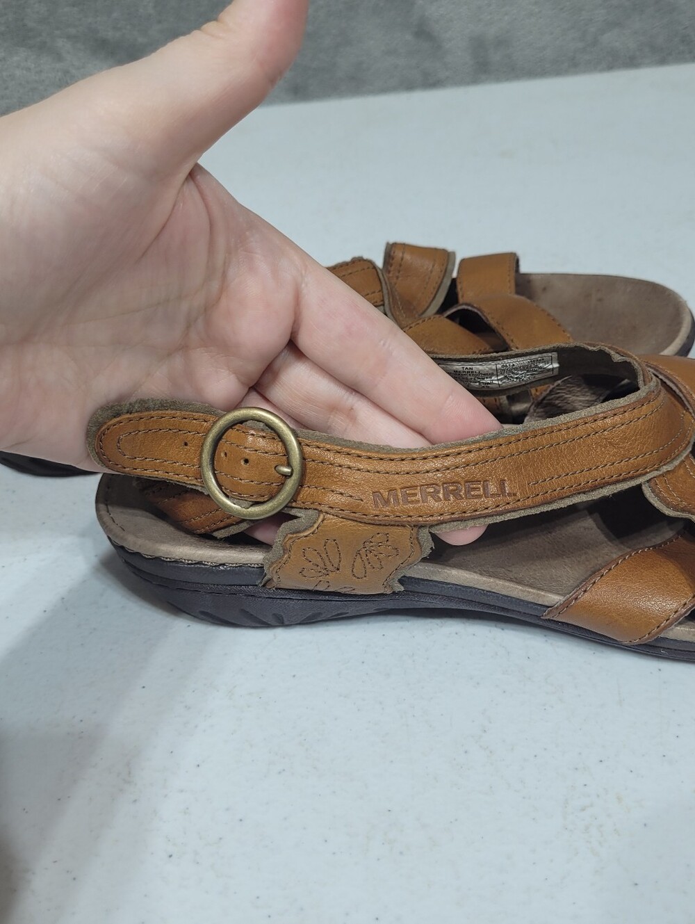 Merrell Strappy Leather Sandals Womens Size 9 Brown Tan Buckle - Picture 8 of 9